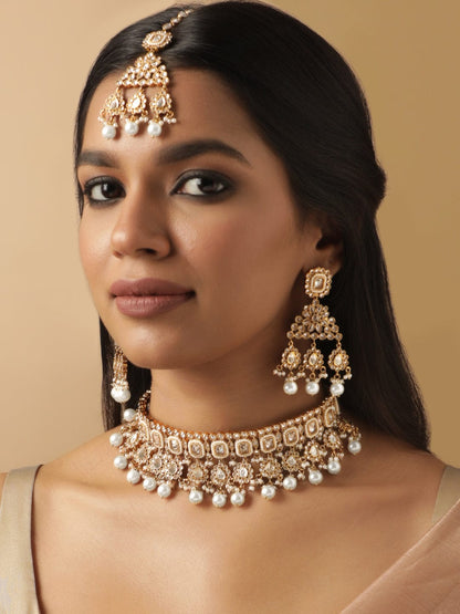 Rubans Gold Plated Necklace and Earrings with Maang Tika Jewellery Sets