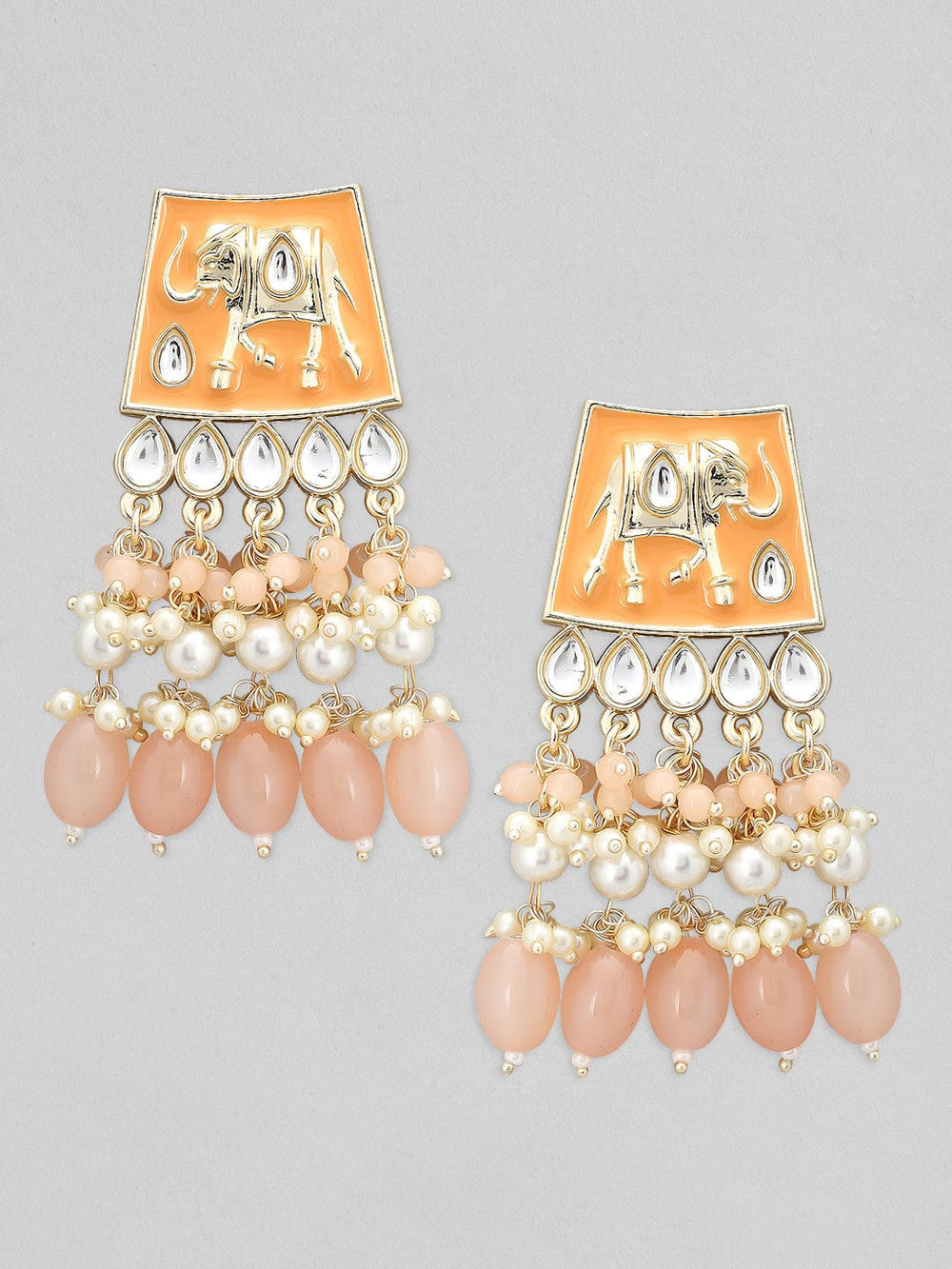 Rubans Gold Plated Orange Enamel Earrings With Orange Beads And Pearls. Earrings