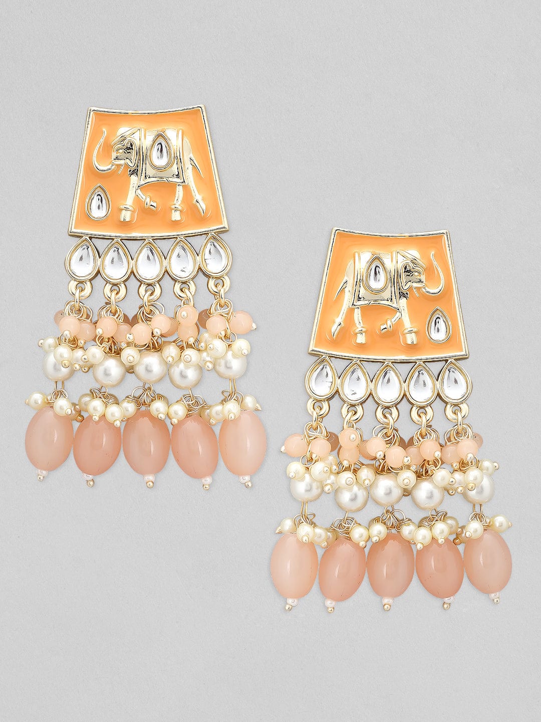 Rubans Gold Plated Orange Enamel Earrings With Orange Beads And Pearls. Earrings