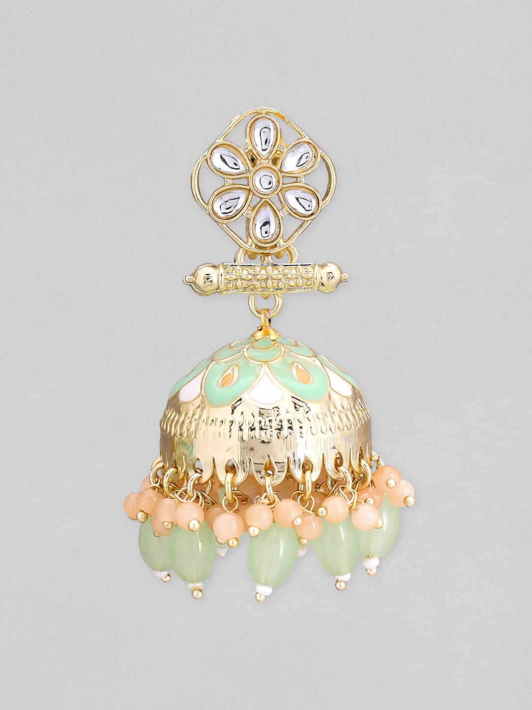 Rubans Gold Plated Pastel Earrings With Mint Green Enamel, Pink And Mint Beads Earrings