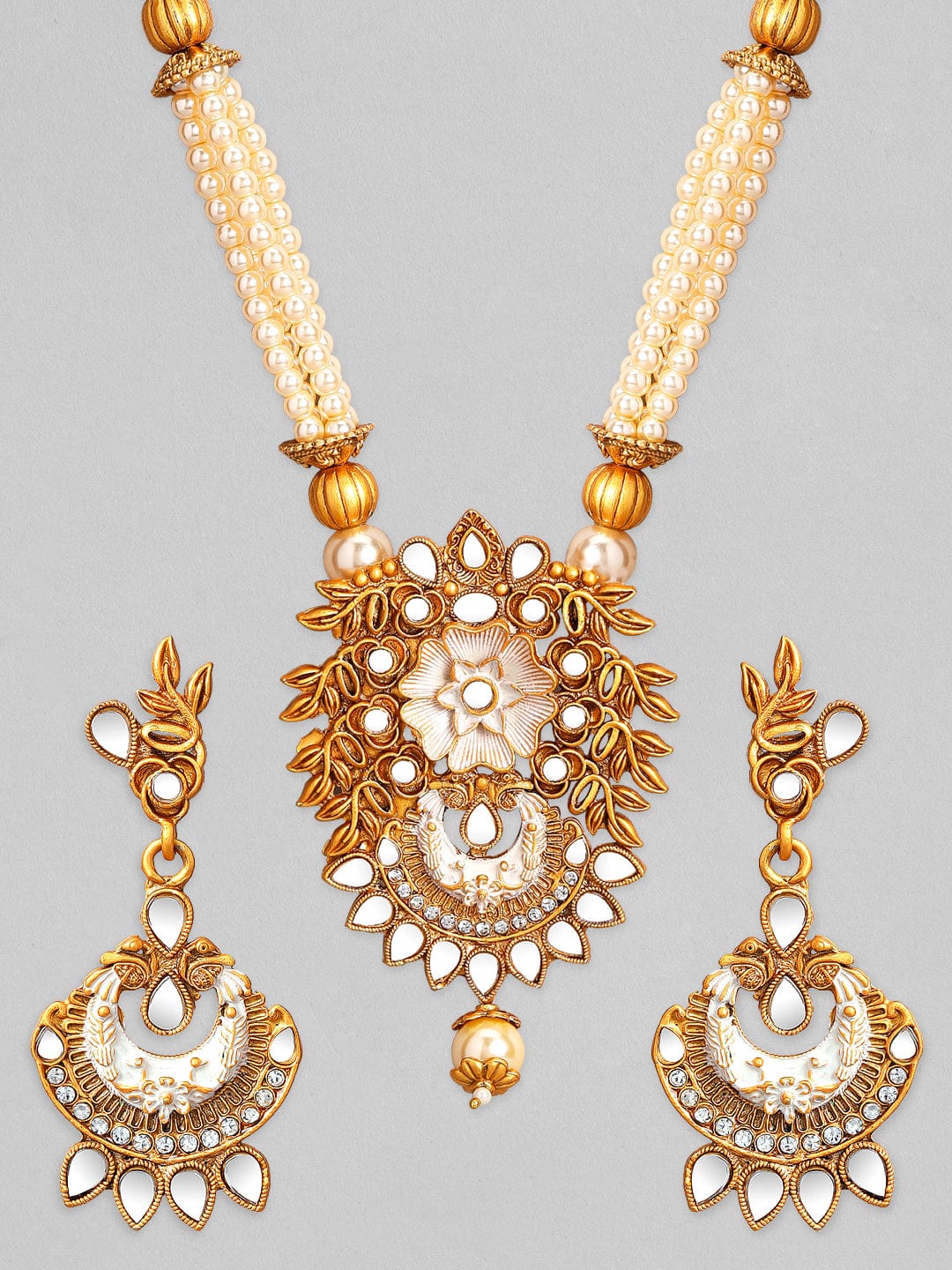 Rubans Gold Plated Pearl Beaded Mirror Studded Necklace Set. Necklace Set