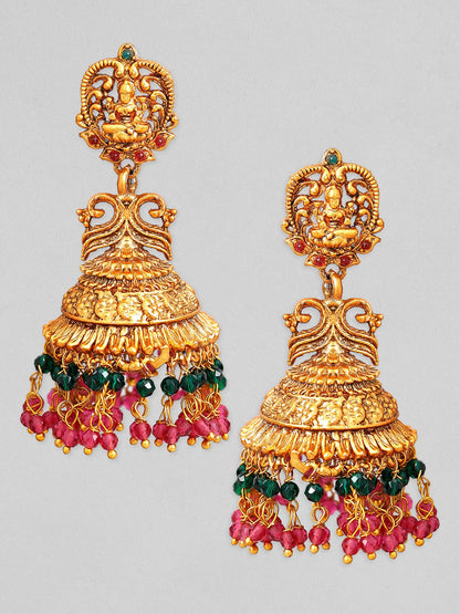 Rubans Gold Plated Pink &amp; Green Beads Hangings Jhumka Earrings Set. Earrings