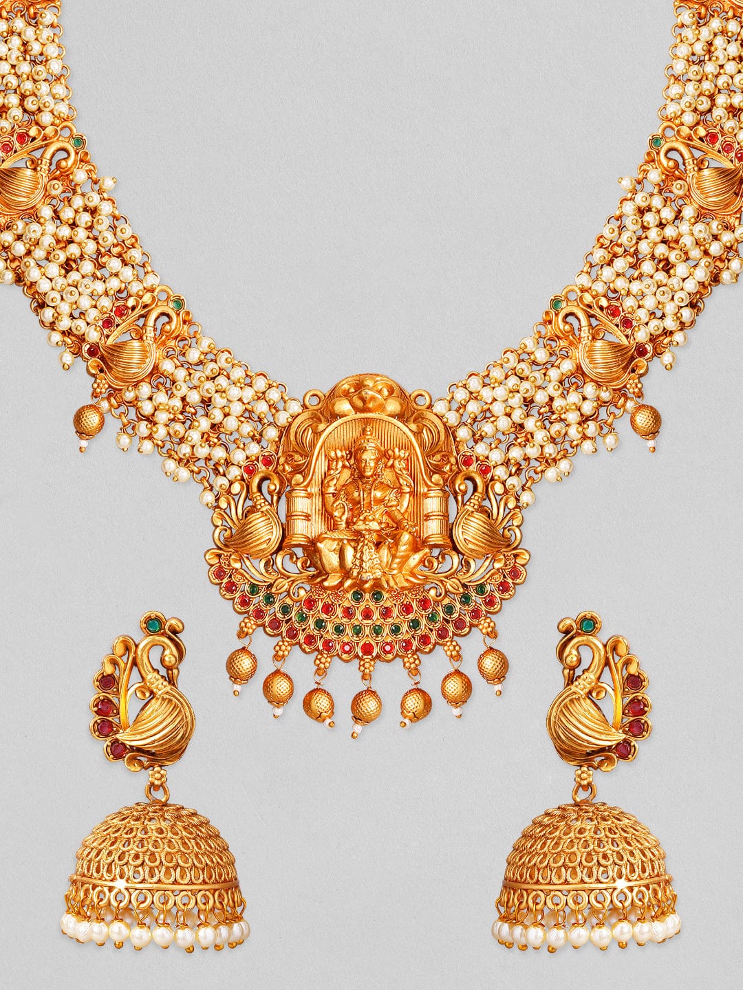 Rubans Gold Plated Pink Stone Studded Pearl Hangings Goddess Pendent Necklace Set. Necklace Set