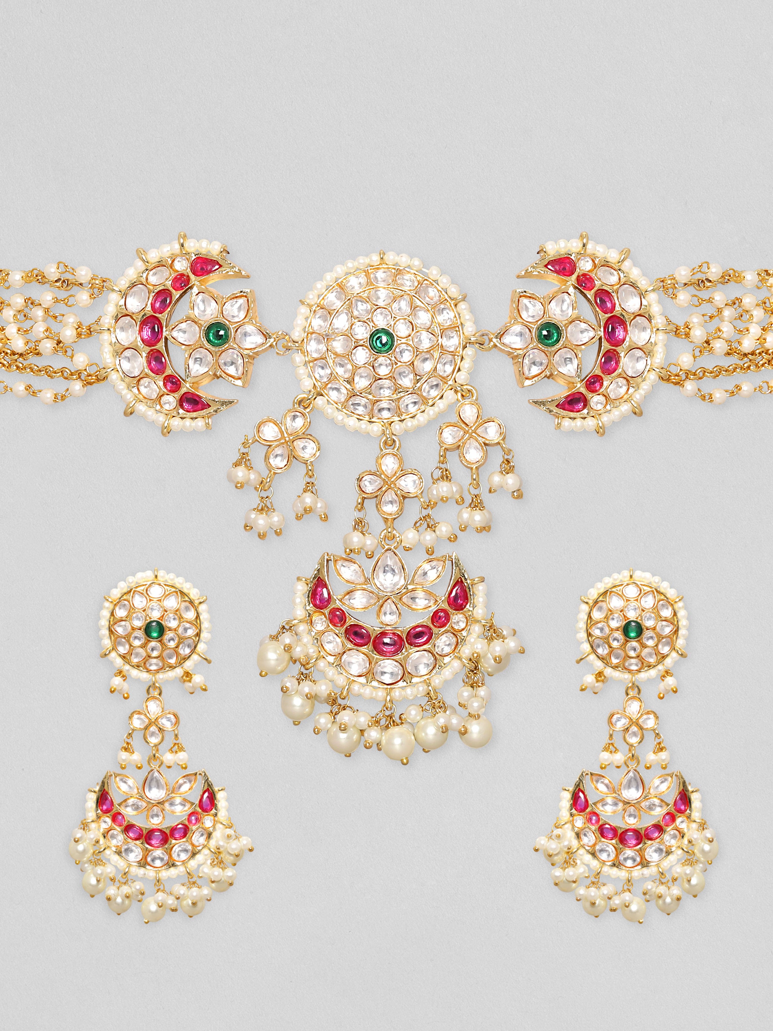 Rubans Gold Plated Polki Studded Red Enamel Beaded Choker Necklace Set Necklace Set