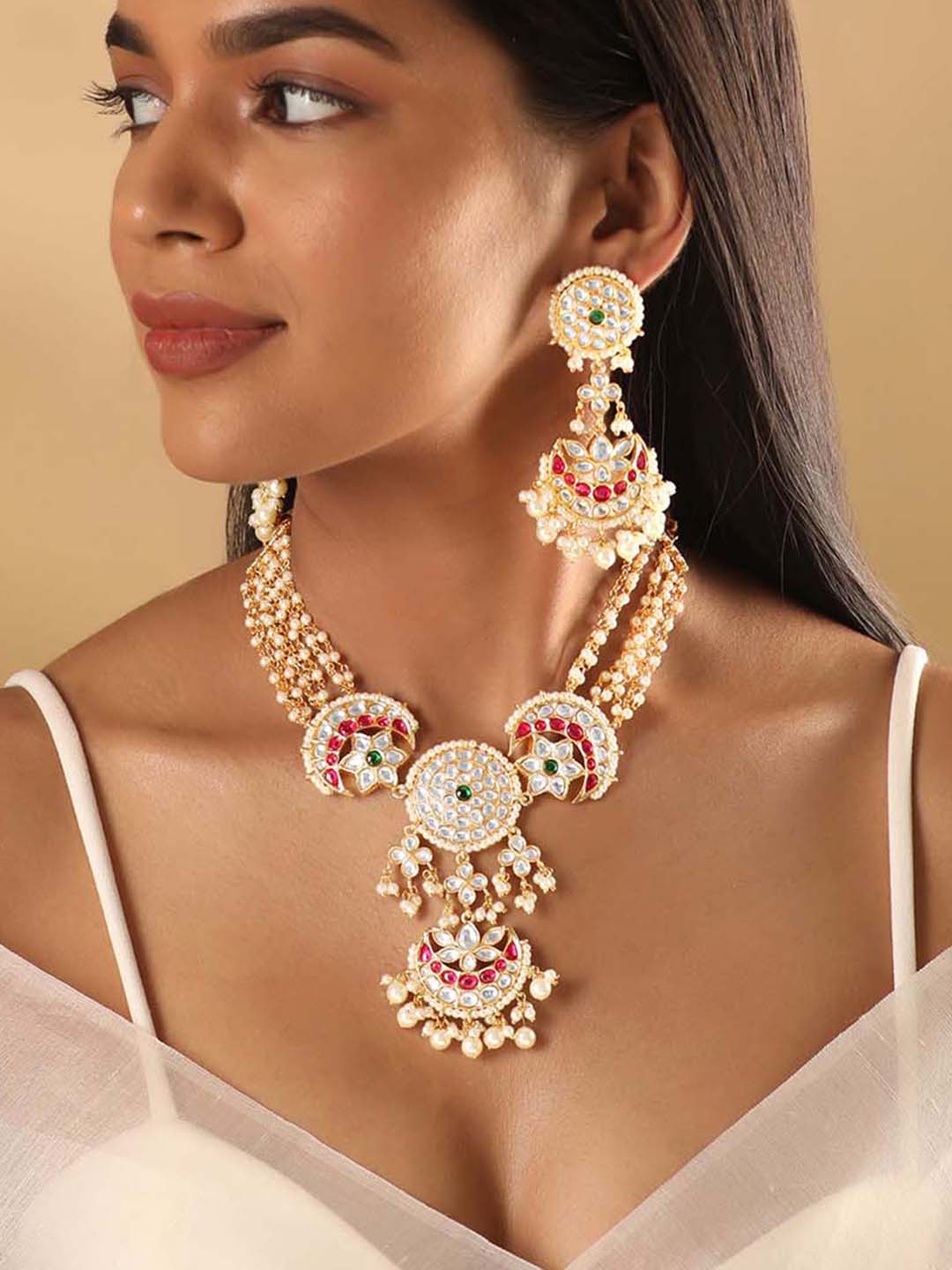 Rubans Gold Plated Polki Studded Red Enamel Beaded Choker Necklace Set Necklaces, Necklace Sets, Chains & Mangalsutra
