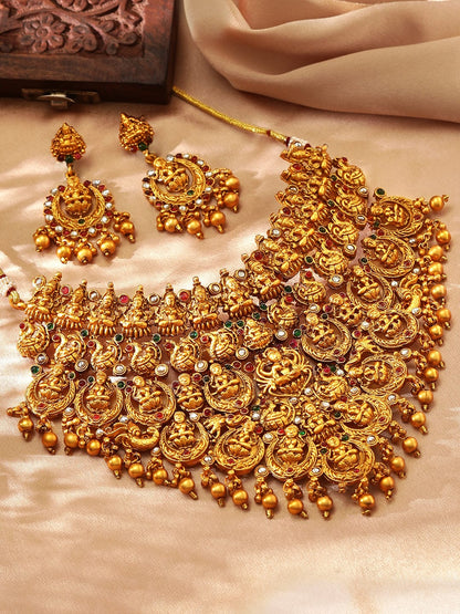 Rubans Gold-Plated Red &amp; Green Stone-Studded Temple Jewellery-Set Necklace Set
