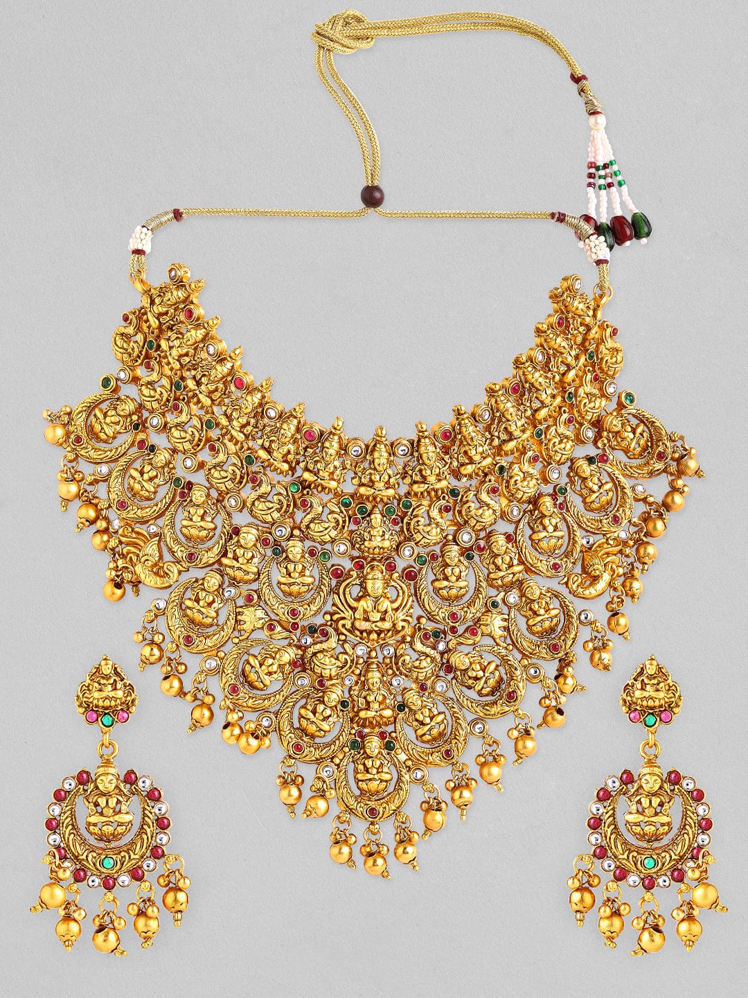 Rubans Gold-Plated Red &amp; Green Stone-Studded Temple Jewellery-Set Necklace Set