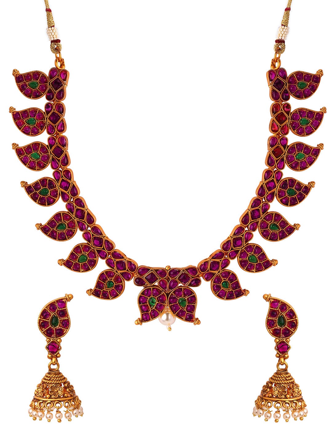 Rubans Gold Plated Red Stone Temple Necklace Set Necklace Set