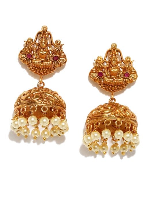 Rubans Gold Plated Ruby Studded Nakkashi Lakshmi Jhumka Earrings
