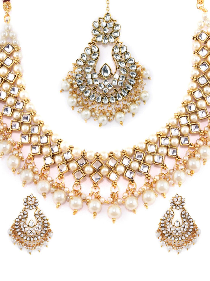 Rubans Gold Plated Traditional Kundan And Pearls Necklace Set With Maang Tikka Necklace Set