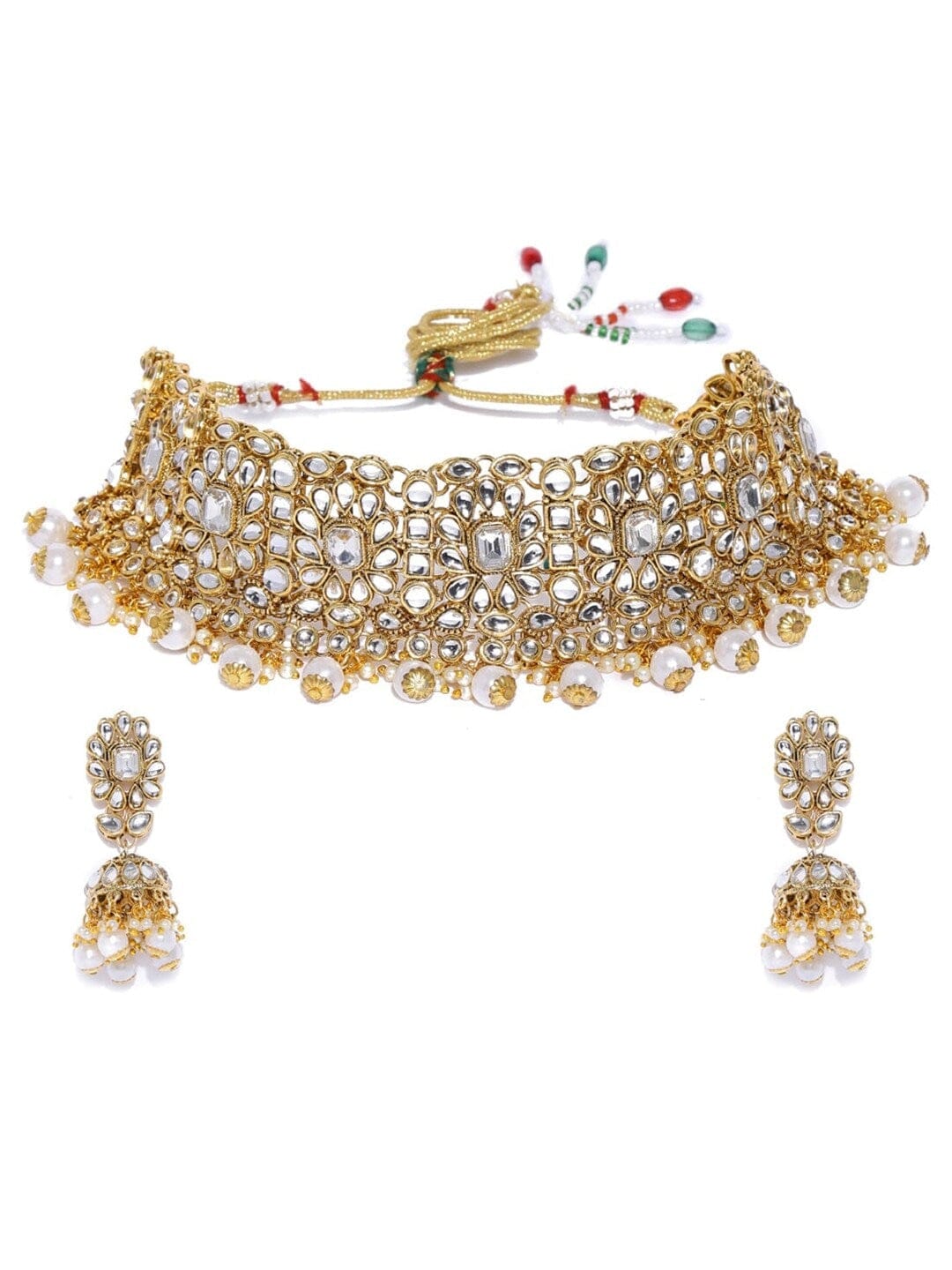 Rubans Gold-Plated White AD-Studded & Pearl Beaded Handcrafted Jewellery Set Necklace Set
