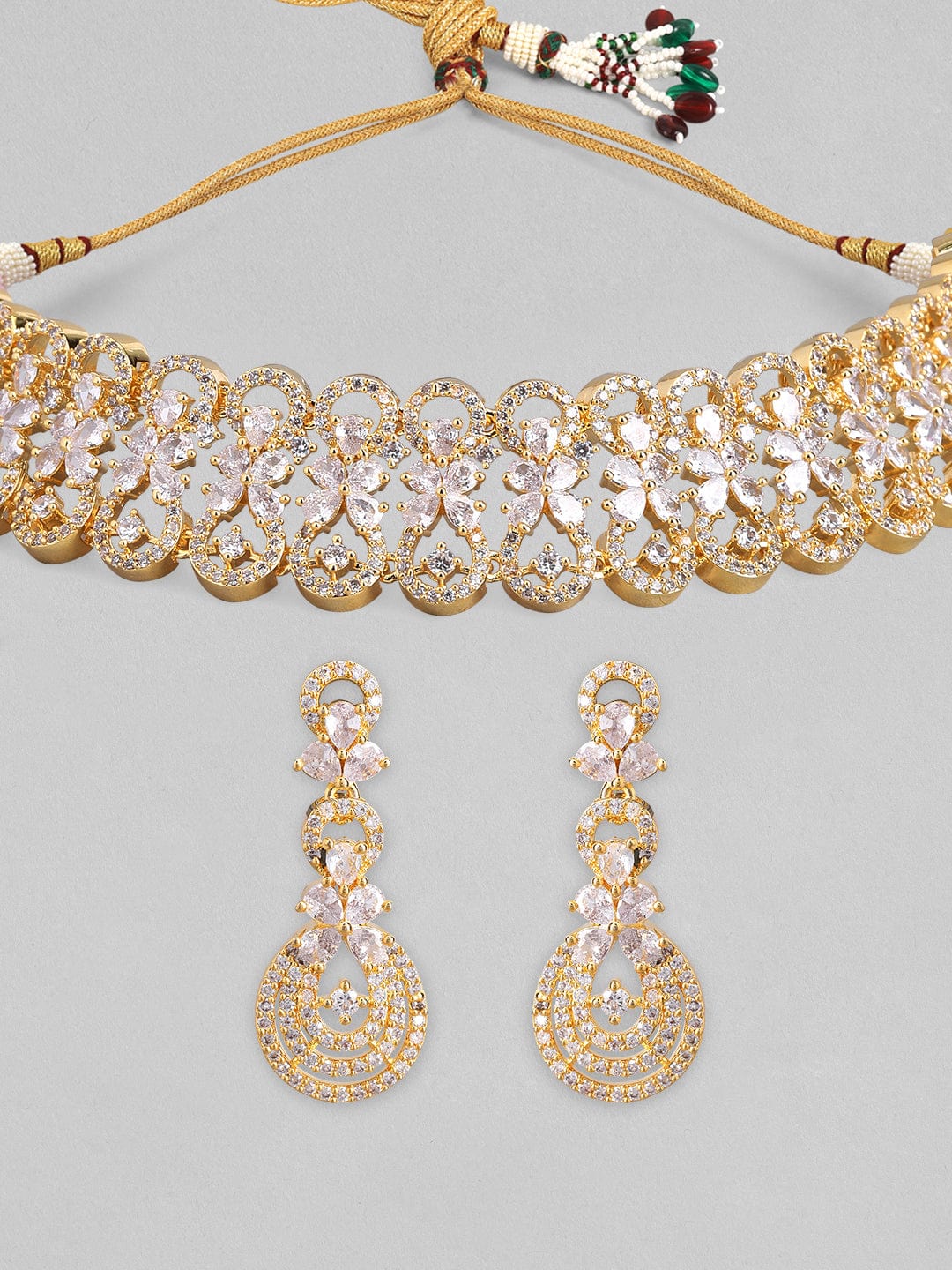 Rubans Gold Plated White Stone Studded American Diamond Necklace Set.