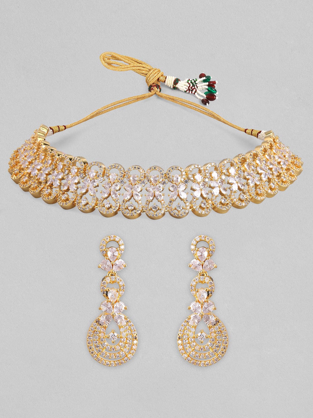 Rubans Gold Plated White Stone Studded American Diamond Necklace Set.