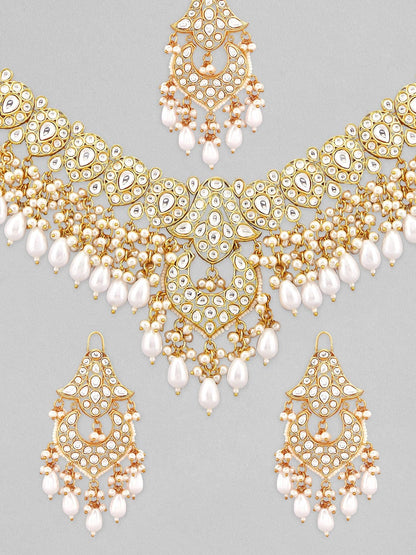 Rubans Gold-Plated White Stone Studded &amp; Beaded Jewellery Set Necklace Set