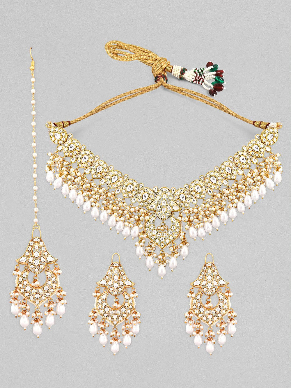 Rubans Gold-Plated White Stone Studded & Beaded Jewellery Set Necklace Set