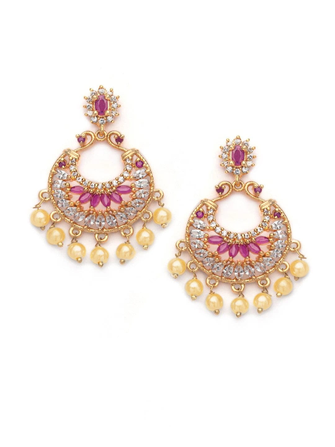 Rubans Gold Toned CZ And Ruby Studded Embellished With Pearls Chandbali Earrings Earrings