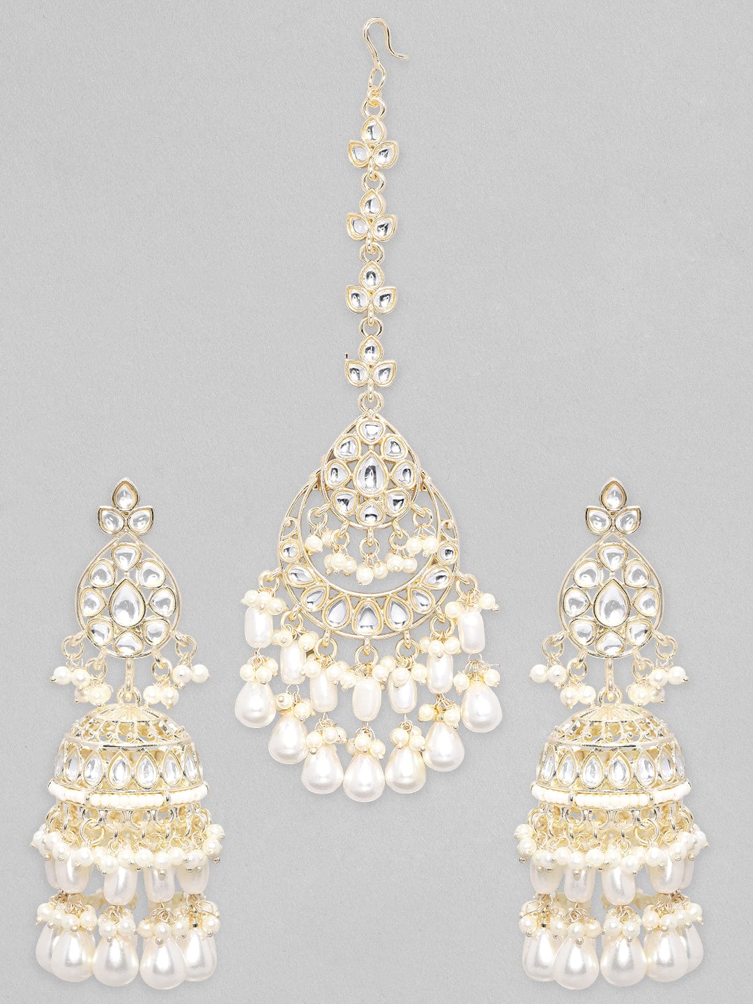 Rubans Gold Toned Kundan Stone Studded With Pearls Mangtikka & Earring Set. Jewelry Sets