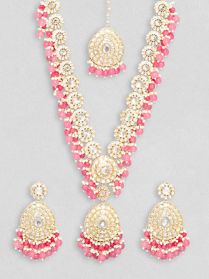 Rubans Gold Toned Kundan Stone With Pink Beaded Jewellery Set Necklace Set