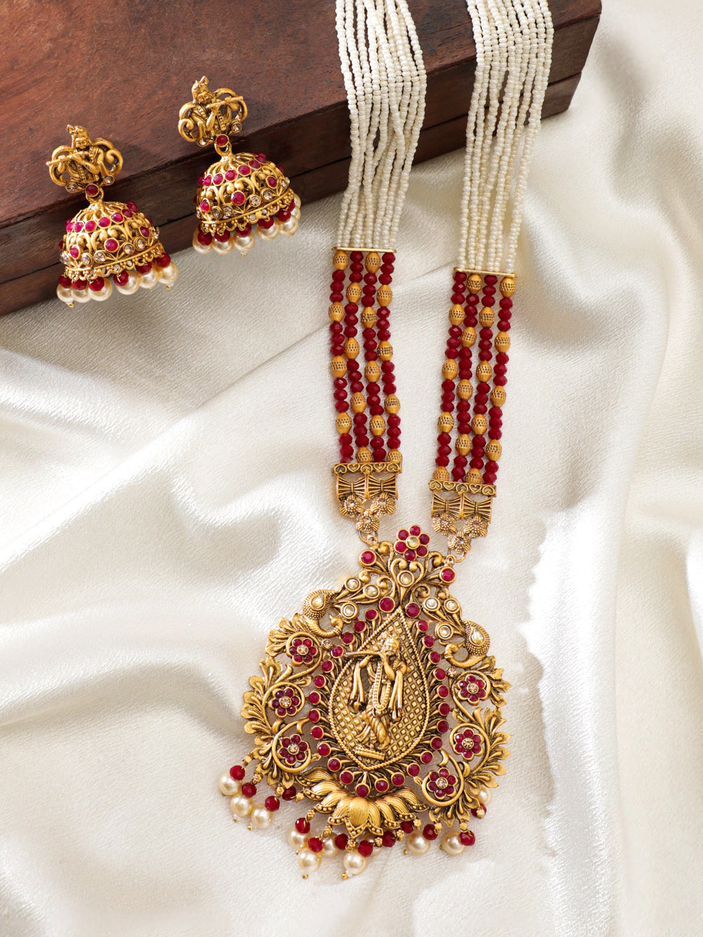 Rubans Gold-Toned Lord Krishna Temple Jewellery with White and Red Beads Chain Jewellery Sets