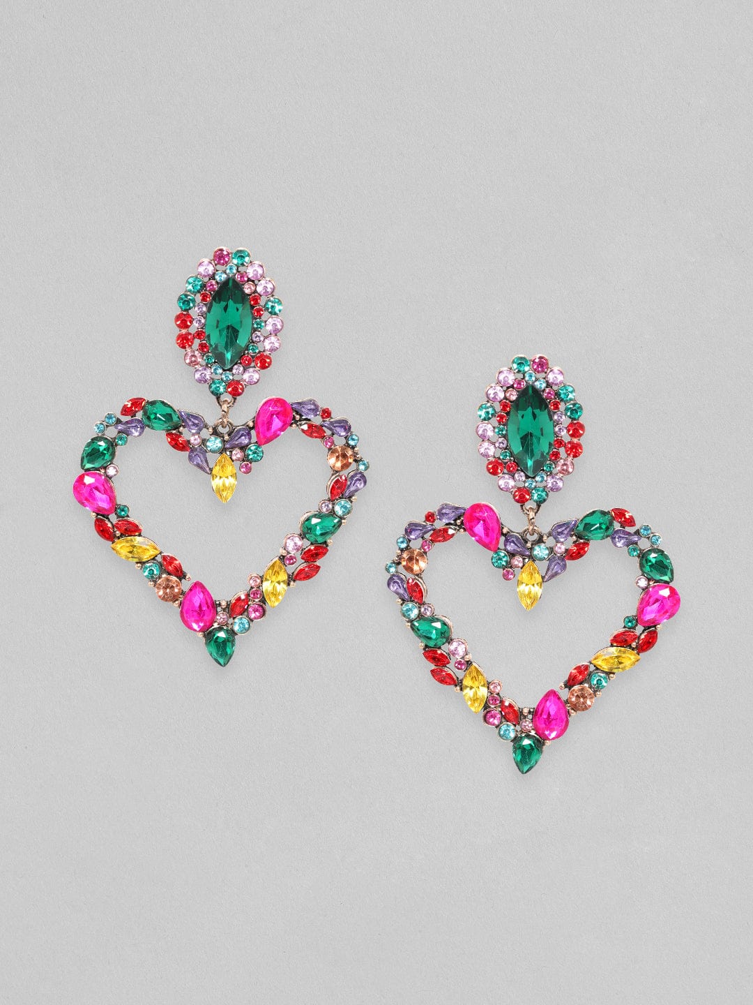 Rubans Gold Toned Multicoloured Zircons Studded Heart Motif Statement Earrings Earrings