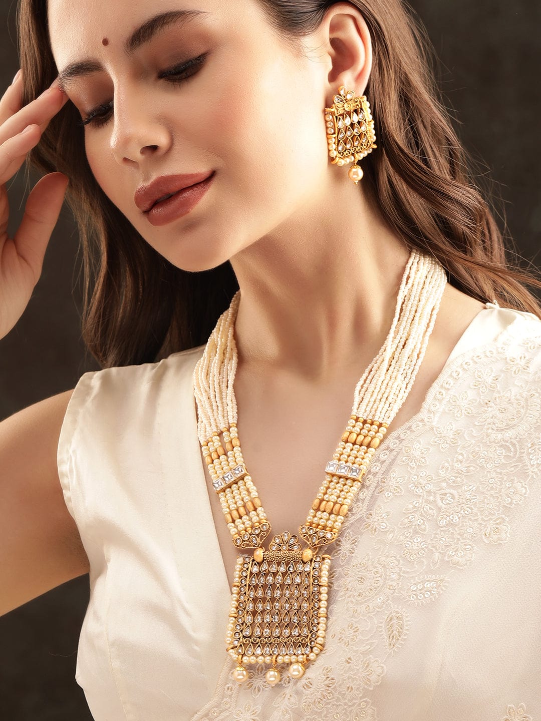 Rubans Gold-Toned Pendant with White Beads Hanging on a Beaded Chain Necklace Set Jewellery Sets