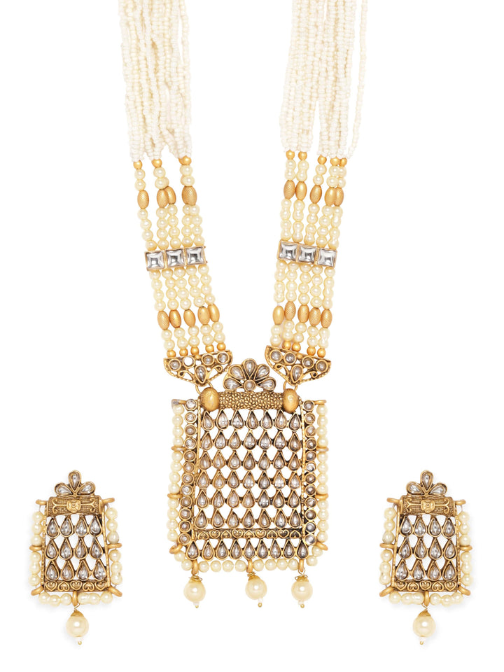 Rubans Gold-Toned Pendant with White Beads Hanging on a Beaded Chain Necklace Set Jewellery Sets
