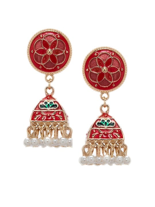 Rubans Gold-Toned & Red Leaf Shaped Jhumka Earrings Earrings