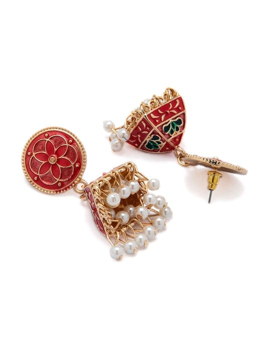 Rubans Gold-Toned & Red Leaf Shaped Jhumka Earrings Earrings