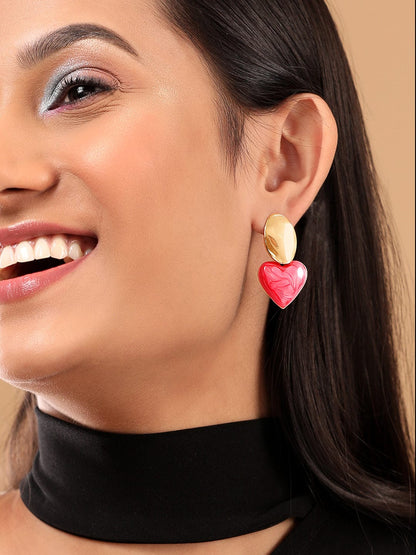 Rubans Gold Toned Textured Stud With Red Heart Motif Drop Earrings Earrings