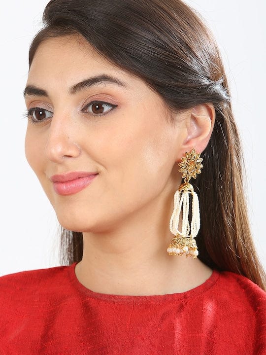 Rubans Gold-Toned &amp; White Contemporary Jhumkas Earrings