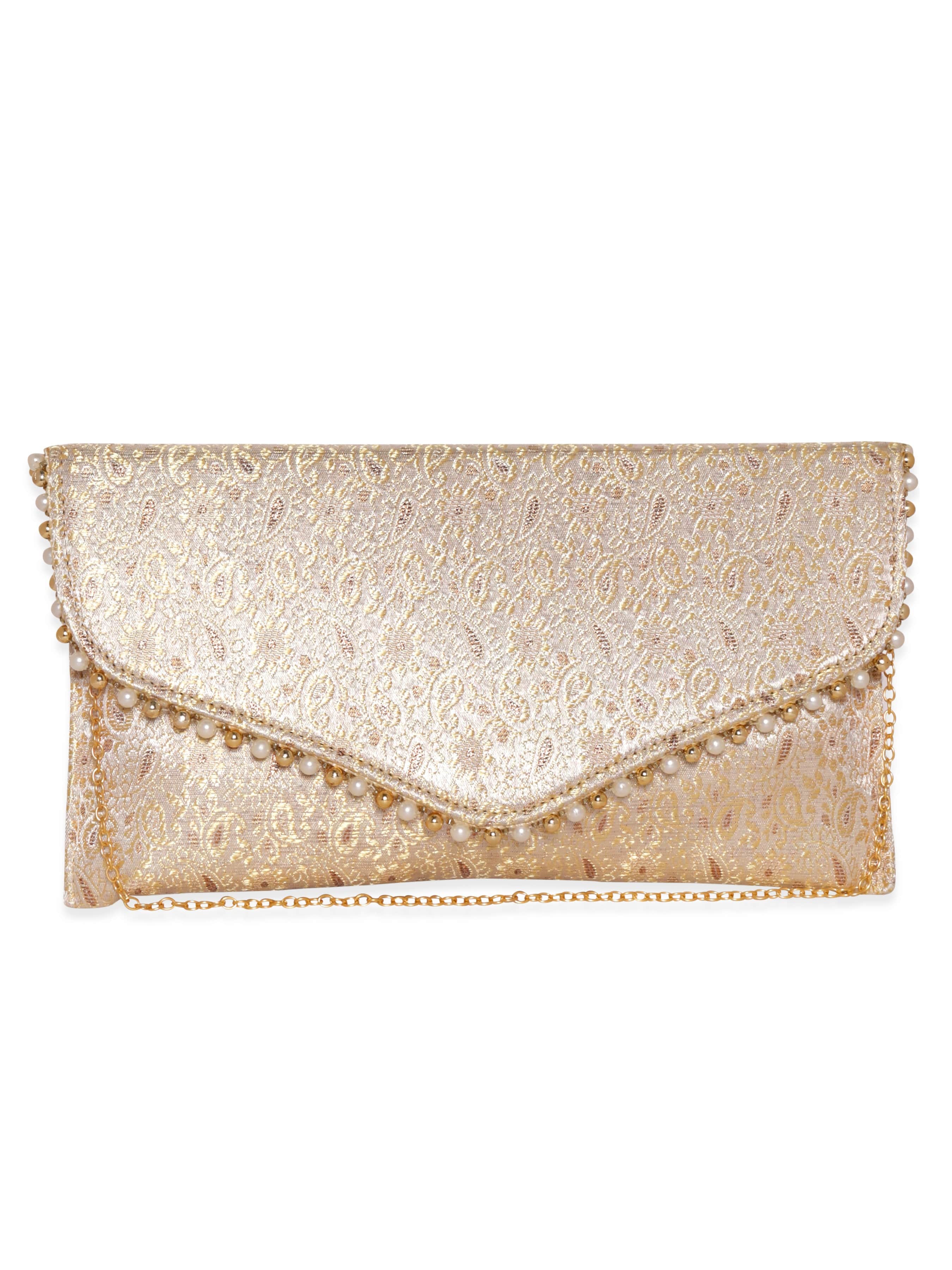Rubans Golden Embroidery Clutch with Beads Handbag, Wallet Accessories &amp; Clutches