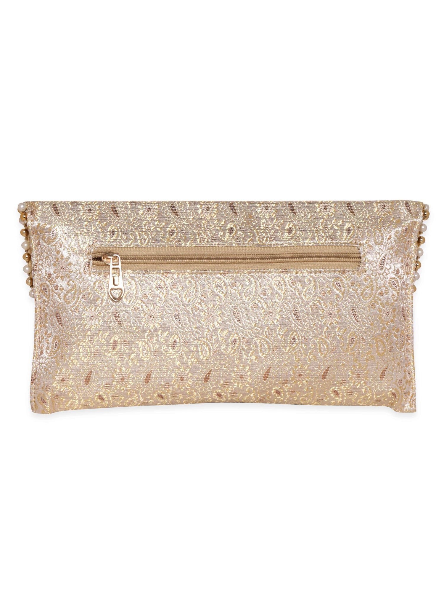 Rubans Golden Embroidery Clutch with Beads Handbag, Wallet Accessories &amp; Clutches
