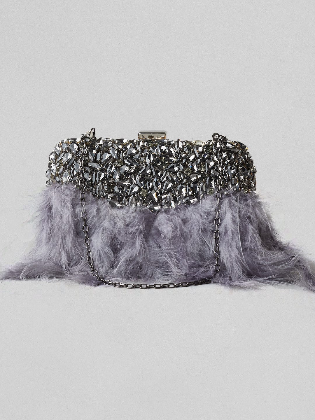 Rubans Grey Colour Clutch Bag With Studded Stone And Grey Fur. Handbag &amp; Wallet Accessories