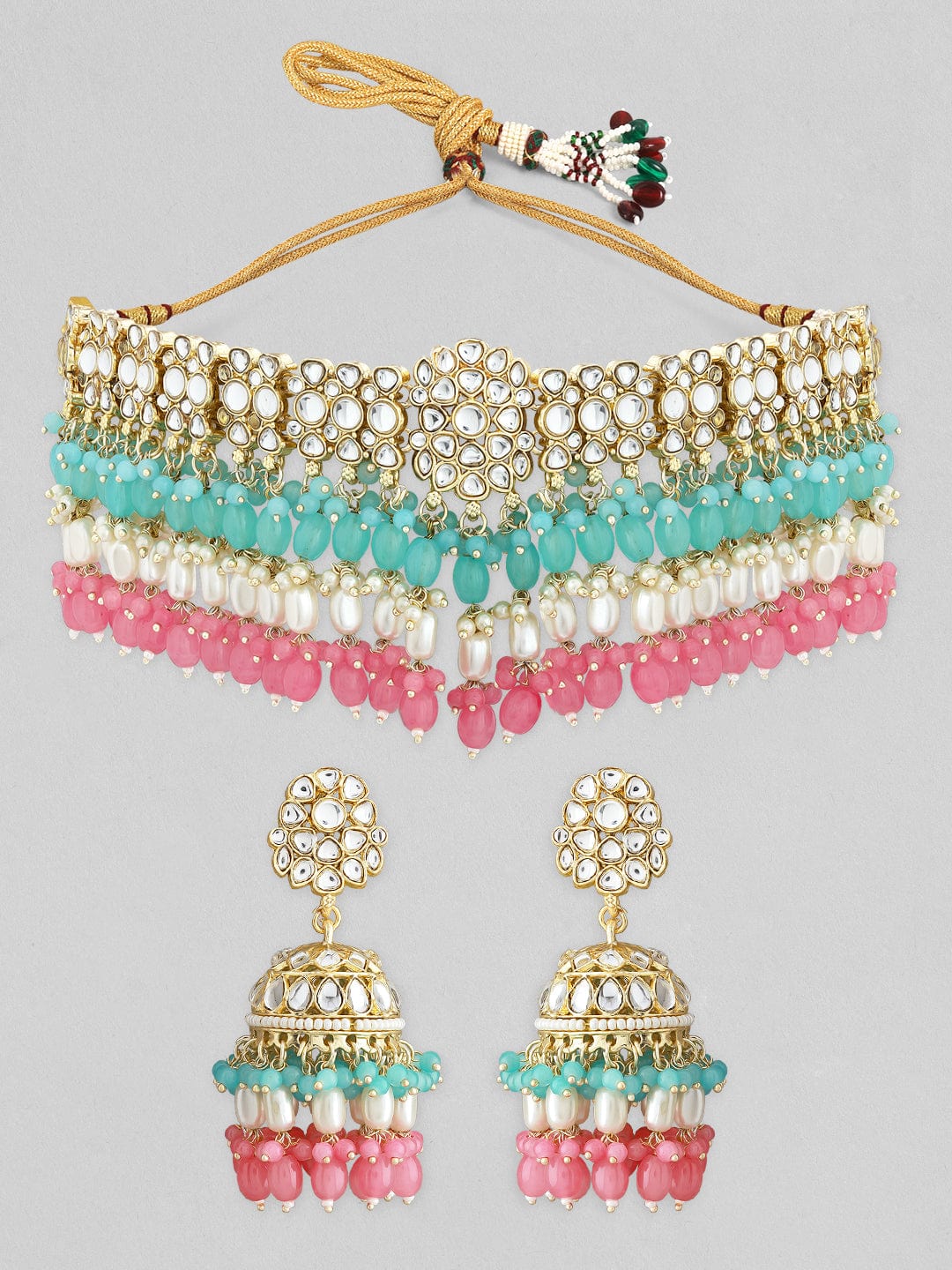 Rubans Kundan Necklace Set With Pink And Green Beads And Jhumki Earrings. Necklace Set