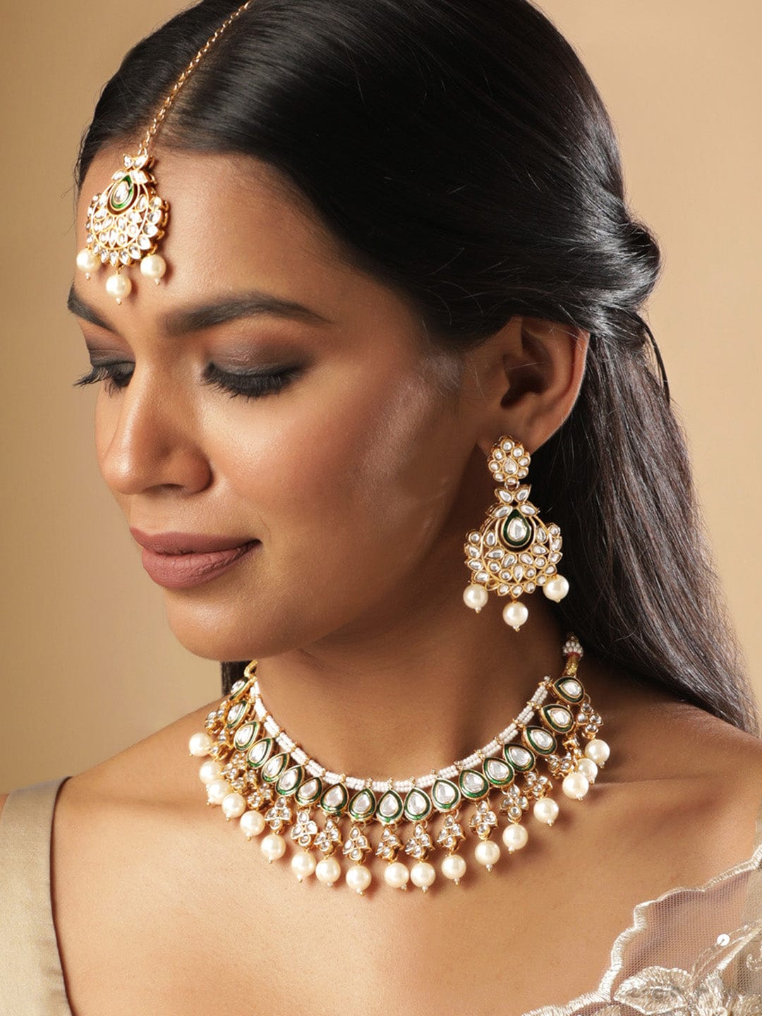 Rubans Kundan Necklace Set with White Beads Jewellery Sets