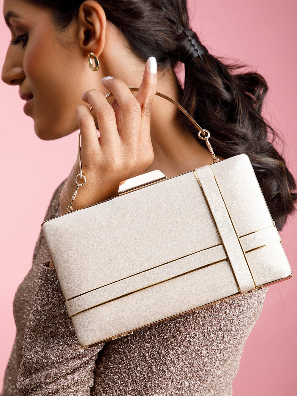 Rubans Light Grey Coloured Box Clutch With Golden Design. Handbag & Wallet Accessories