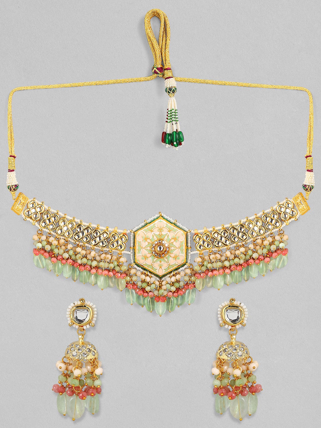 Rubans Luxury 24K Gold Plated Handcrafted Enamel &amp; Pachi Kundan with Green Beads Choker Set Necklace Set