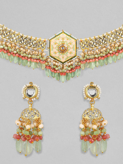 Rubans Luxury 24K Gold Plated Handcrafted Enamel &amp; Pachi Kundan with Green Beads Choker Set Necklace Set