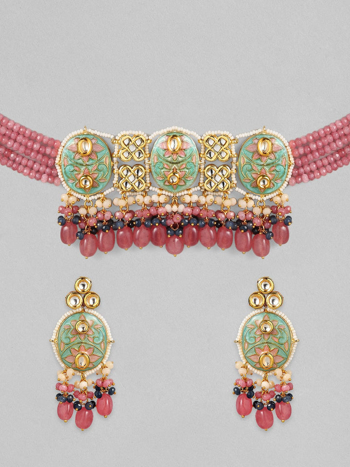 Rubans Luxury 24K Gold Plated Handcrafted Green Enamel & Kundan with Beads Choker Set Necklace Set