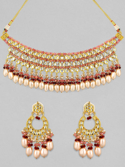 Rubans Luxury 24K Gold Plated Handcrafted Pachi Kundan and Ruby Pink Beads Necklace Set Necklace Set