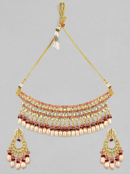 Rubans Luxury 24K Gold Plated Handcrafted Pachi Kundan and Ruby Pink Beads Necklace Set Necklace Set