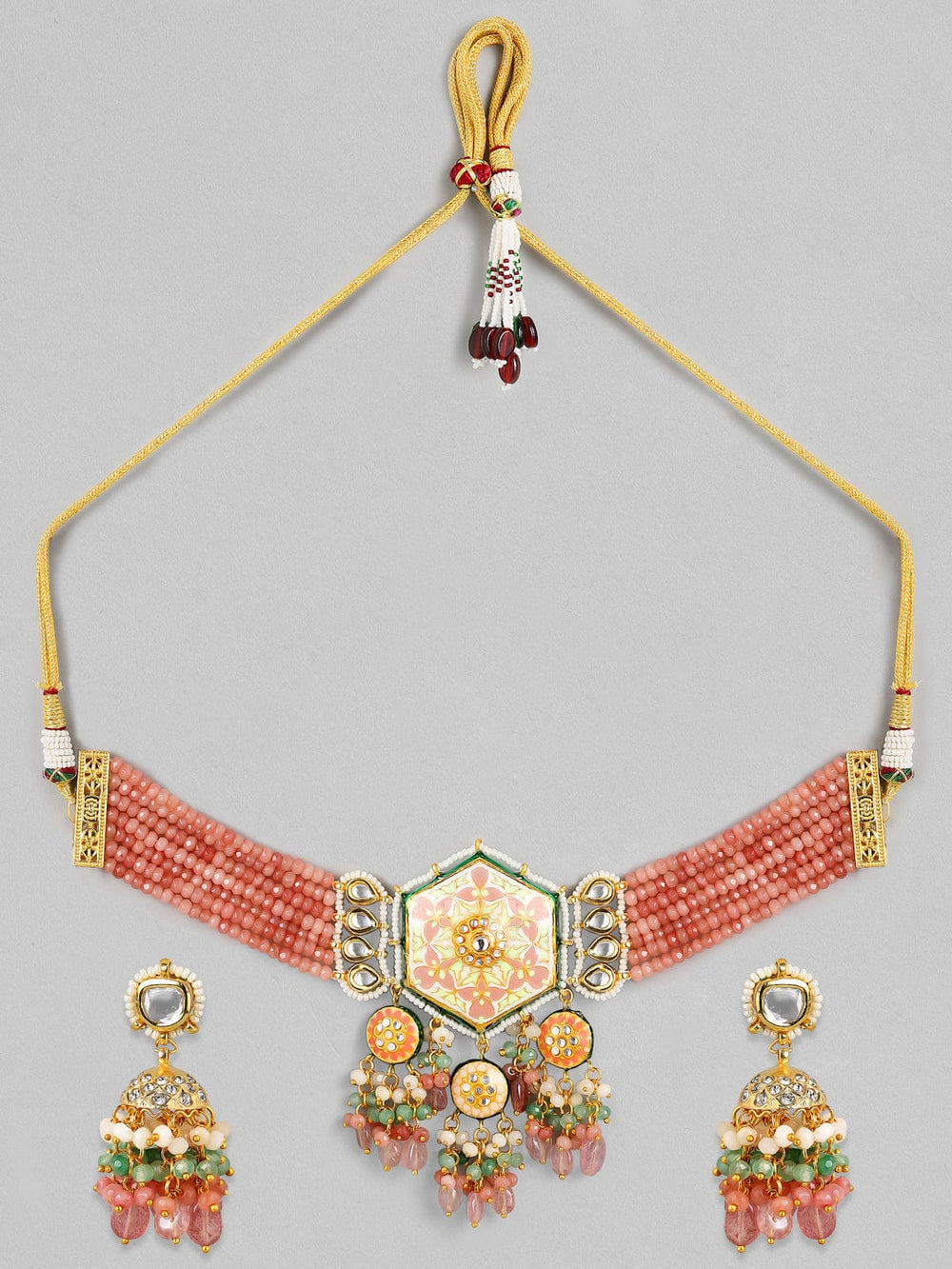 Rubans Luxury 24K Gold Plated Handcrafted Pachi Kundan & Enamel with Pink Beads Choker Set Necklace Set