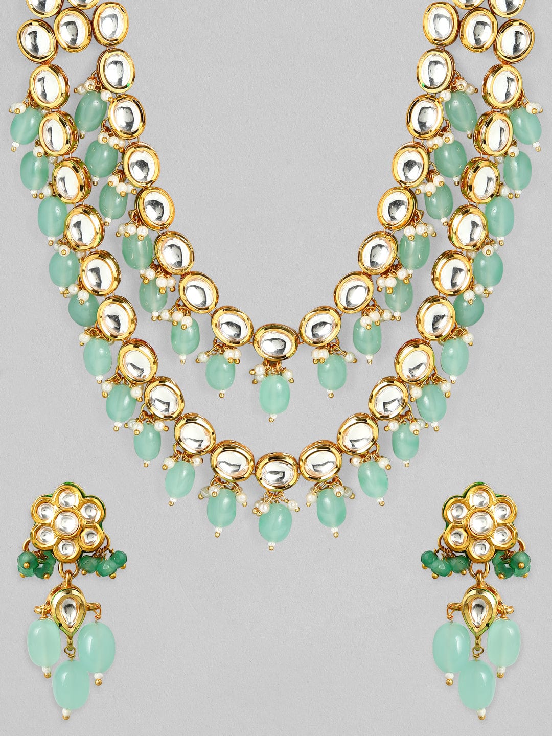 Rubans Luxury 24K Gold Plated Handcrafted Pachi Kundan &amp; Green Beads Layered Necklace Set Necklace Set