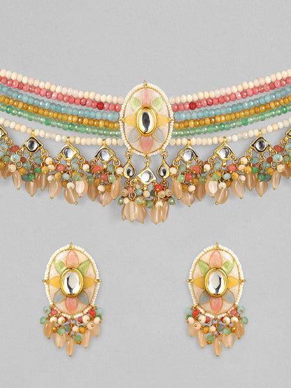 Rubans Luxury 24K Gold-Plated &amp; White Kundan Studded Enameled Jewellery Set Necklace Set