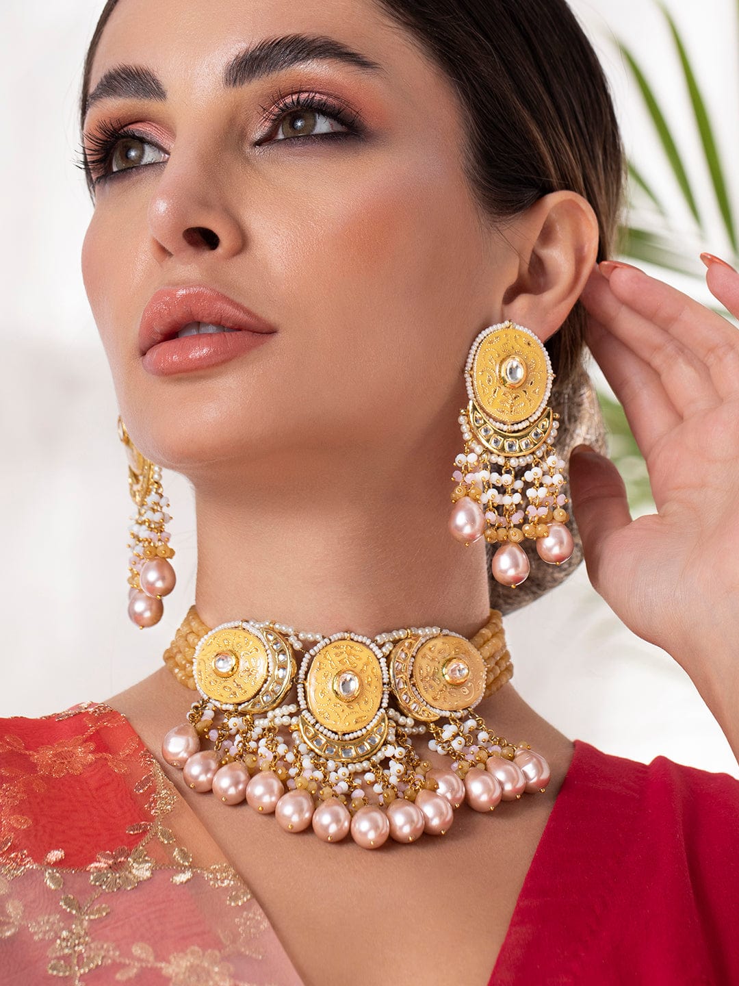 Rubans Luxury 24K Gold-Plated Yellow &amp; White Kundan Studded Enameled Pearl Beaded Jewellery Set Necklace Set