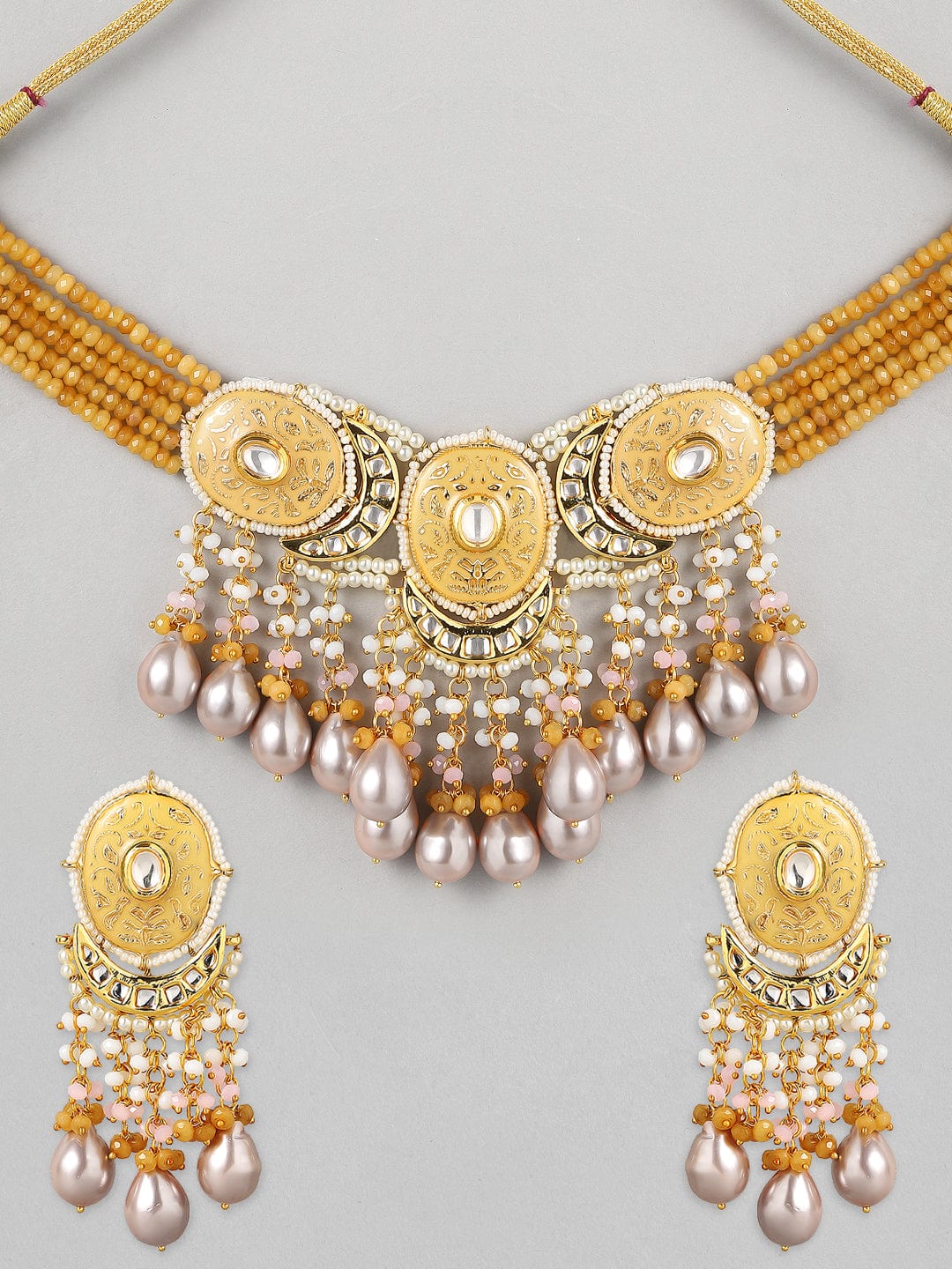 Rubans Luxury 24K Gold-Plated Yellow &amp; White Kundan Studded Enameled Pearl Beaded Jewellery Set Necklace Set