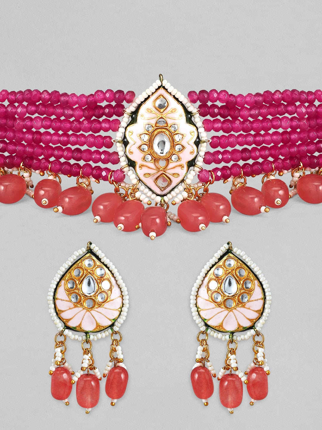 Rubans Luxury Gold Plated Kundan &amp; Pink Beaded Handpainted Choker Set Necklace Set