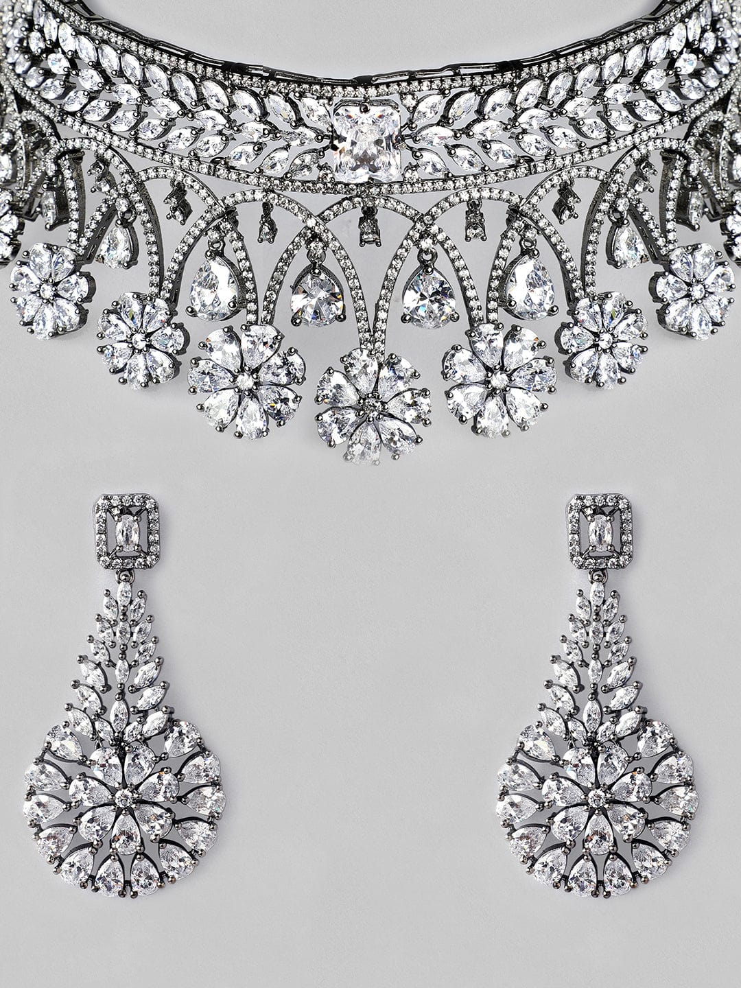 Rubans Luxury Oxidised Silver-Plated White AD-Studded Handcrafted Jewellery Set Necklace Set