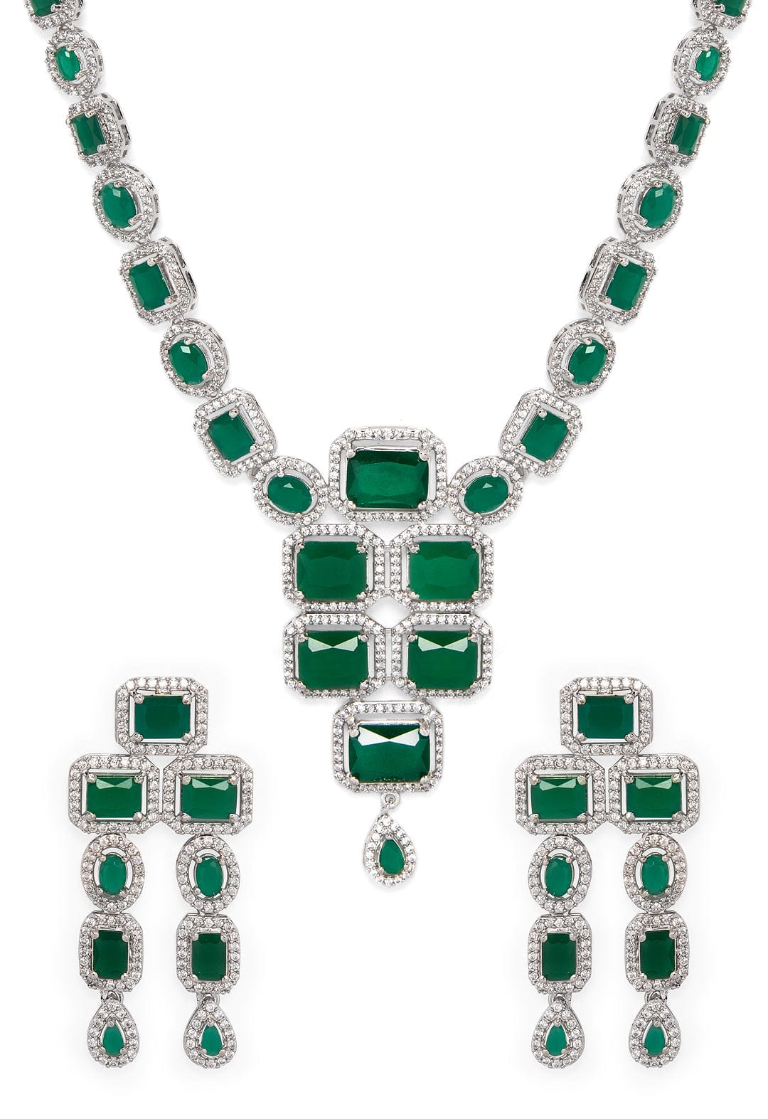 Rubans Luxury Silver-Plated Green Stone Studded Emerald Handcrafted Statement Necklace Set