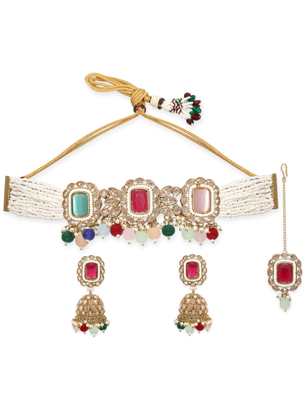 Rubans Mehandi Gold plated Reverse AD & Pearl Beaded Jewellery Set Earrings